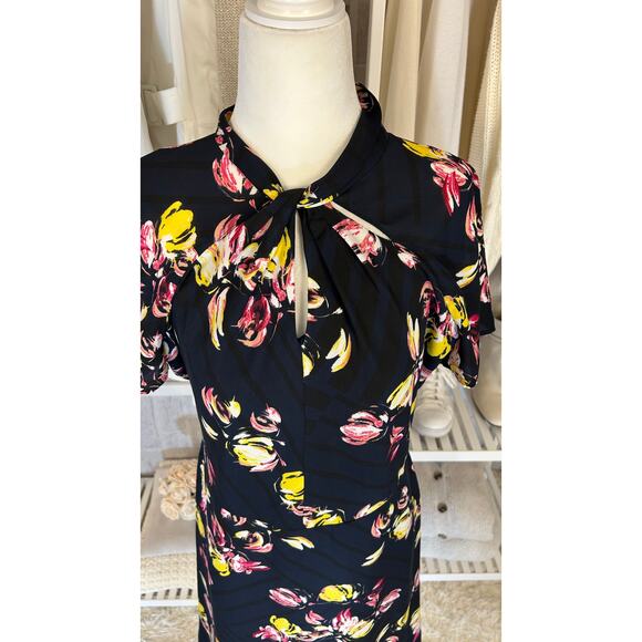 Banana Republic Womens Sz 6 Navy Twist Neck Multicolor Floral Sheath Dress #0433 - Picture 4 of 12
